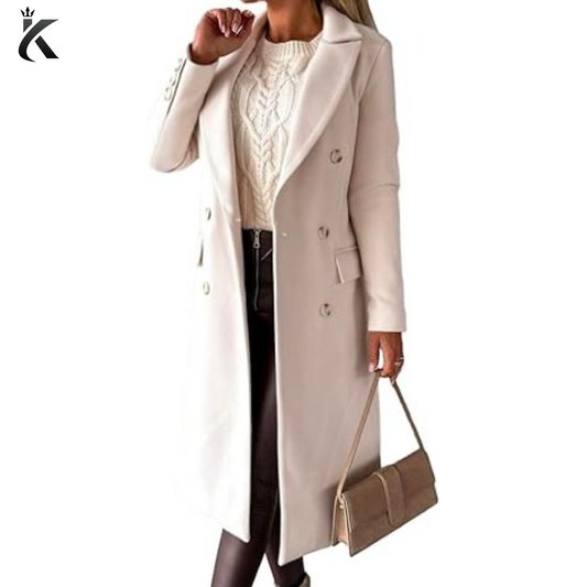 Women's Long Wool Coat - Double Breasted Trench Coat Fall Winter Clothes - Premium Quality Overcoat