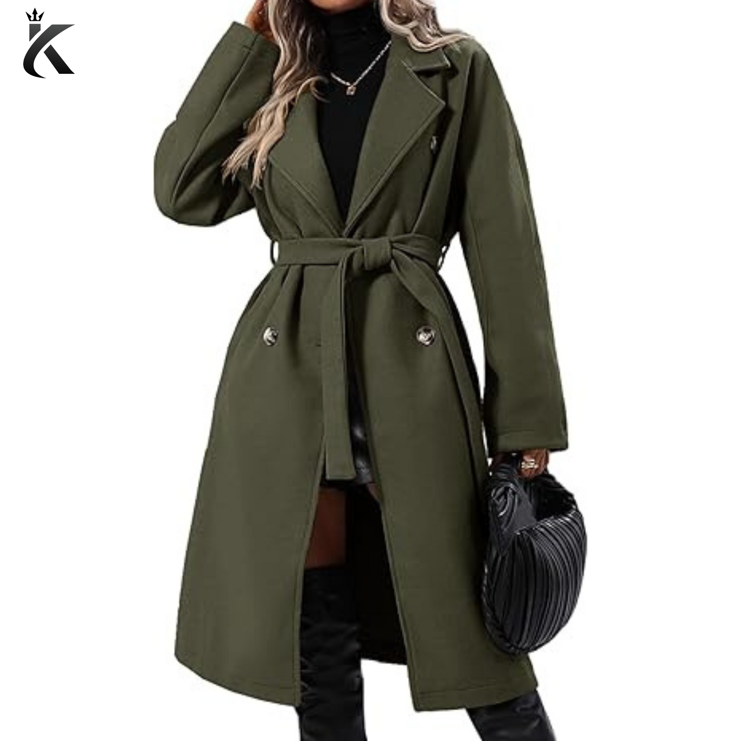 Women's Elegant Wool Pea Coat Lapel Collar - Double Breasted Mid-Long Winter Overcoats with Belted Pockets - Premium Quality Longcoat