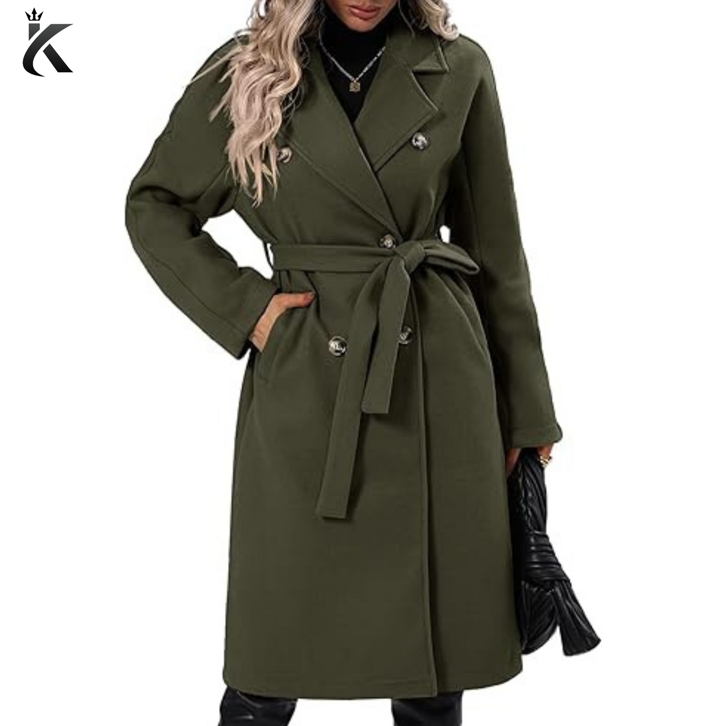 Women's Elegant Wool Pea Coat Lapel Collar - Double Breasted Mid-Long Winter Overcoats with Belted Pockets - Premium Quality Longcoat