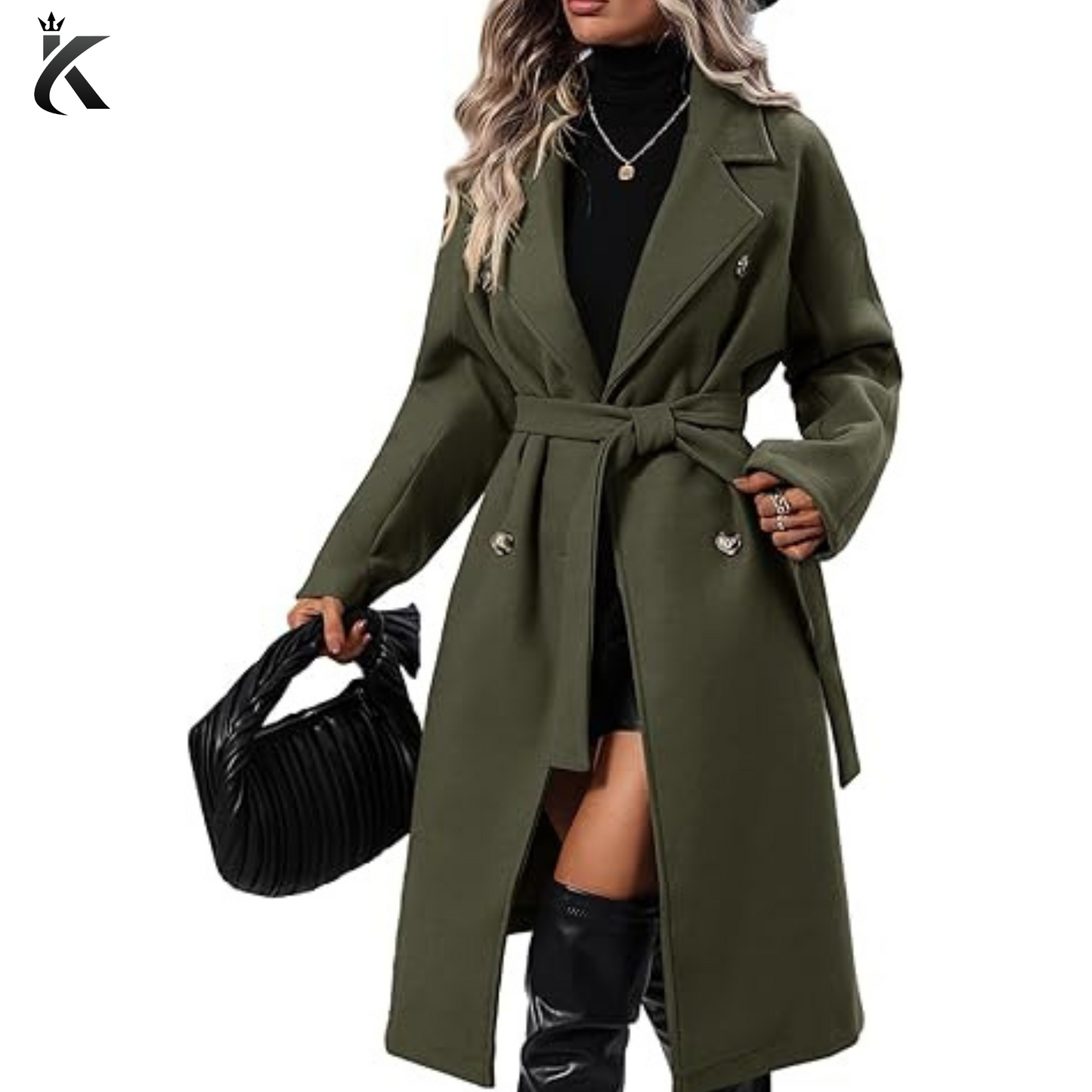 Women's Elegant Wool Pea Coat Lapel Collar - Double Breasted Mid-Long Winter Overcoats with Belted Pockets - Premium Quality Longcoat