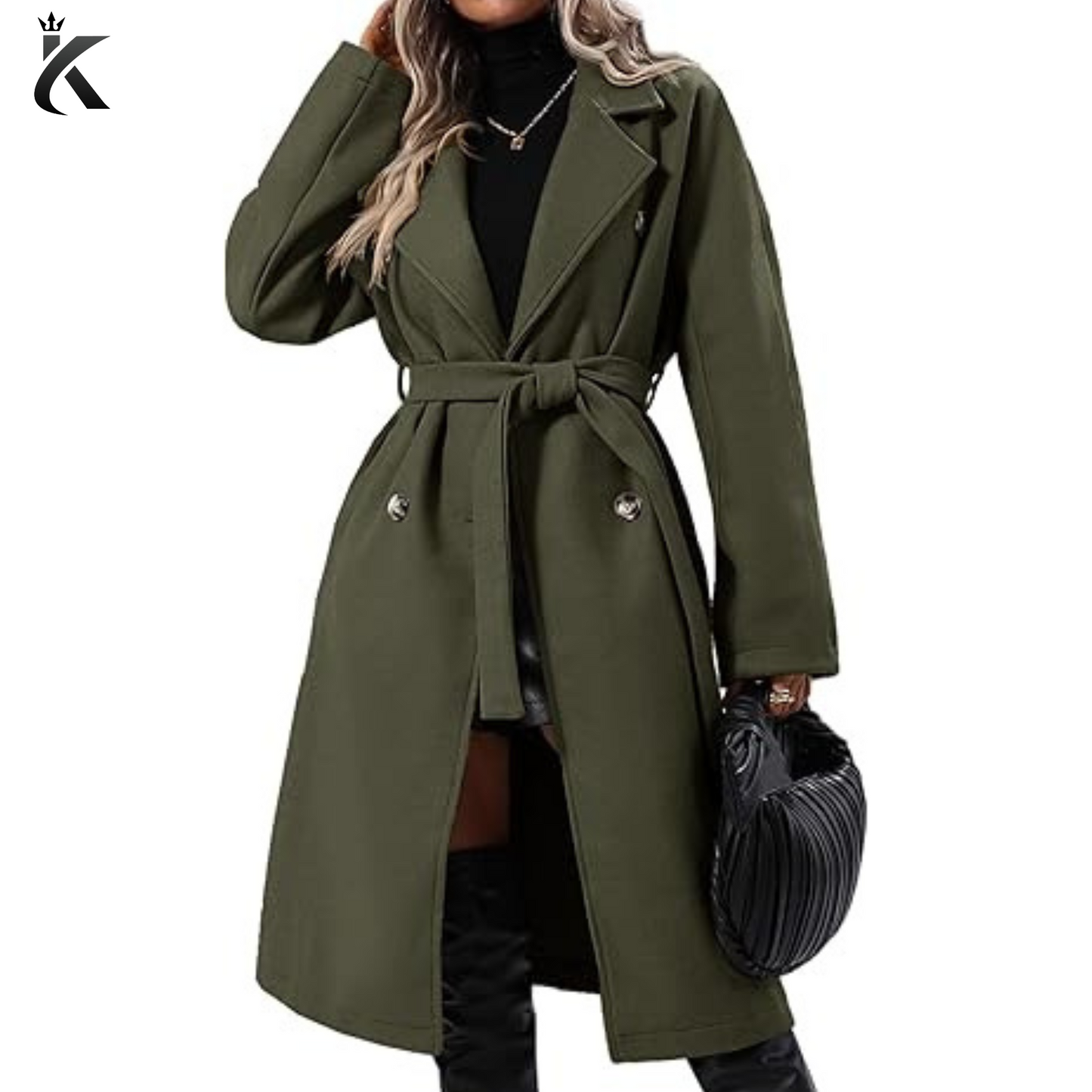 Women's Elegant Wool Pea Coat Lapel Collar - Double Breasted Mid-Long Winter Overcoats with Belted Pockets - Premium Quality Longcoat