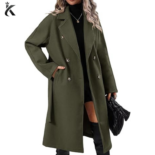 Women's Elegant Wool Pea Coat Lapel Collar - Double Breasted Mid-Long Winter Overcoats with Belted Pockets - Premium Quality Longcoat