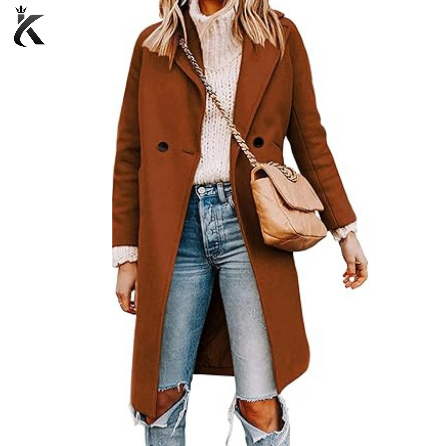 Women's Notch Lapel Double Breasted Wool Blend Mid Long Pea Trench Coat - Premium Long Coat