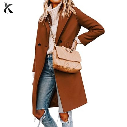 Women's Notch Lapel Double Breasted Wool Blend Mid Long Pea Trench Coat - Premium Long Coat