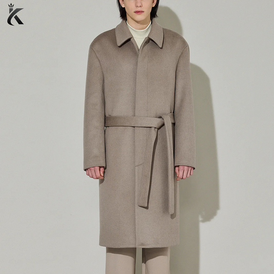 Men Single-Breasted Belted Cashmere Mac Balmacaan Long Coat - Premium Overcoat