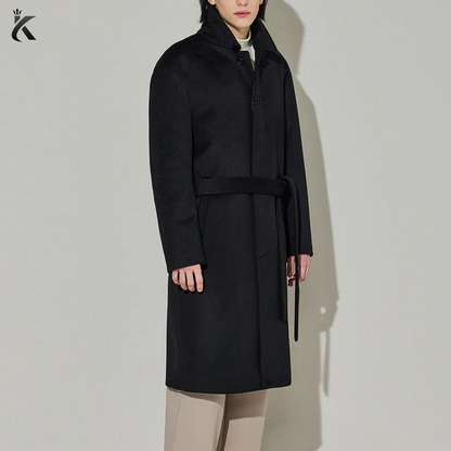 High Quality Fabric Men Single-Breasted Belted Cashmere Mac Balmacaan Long Coat - Men's Trench Coat