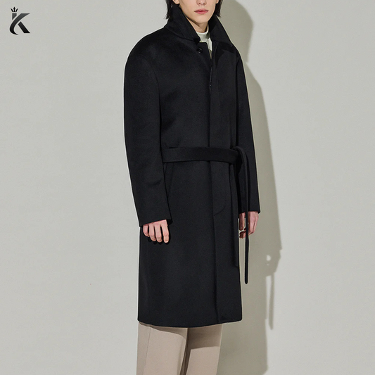High Quality Fabric Men Single-Breasted Belted Cashmere Mac Balmacaan Long Coat - Men's Trench Coat
