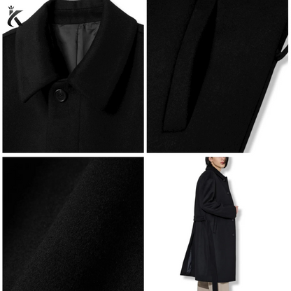 High Quality Fabric Men Single-Breasted Belted Cashmere Mac Balmacaan Long Coat - Men's Trench Coat
