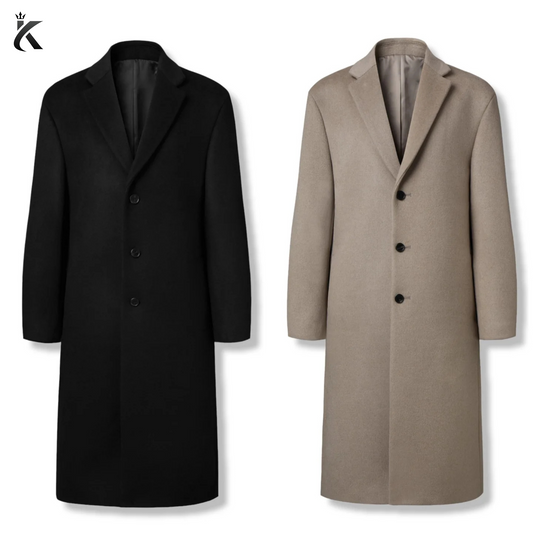 Men's Chesterfield Long Overcoat Wool & Cashmere Warm Winter Single Breasted Coat - Ash Beige and Black Trench Coat