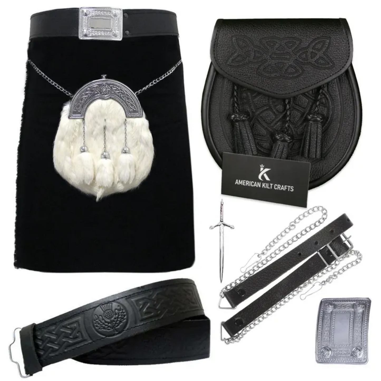 Deluxe Plain Black Scottish Traditional 8 Yard Kilt Set