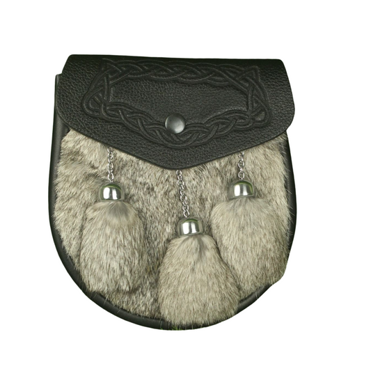 Premium Black Leather & Grey Fur Kilt Sporran with Celtic Design and Chain Tassels – Traditional Scottish Highland Dress Accessory