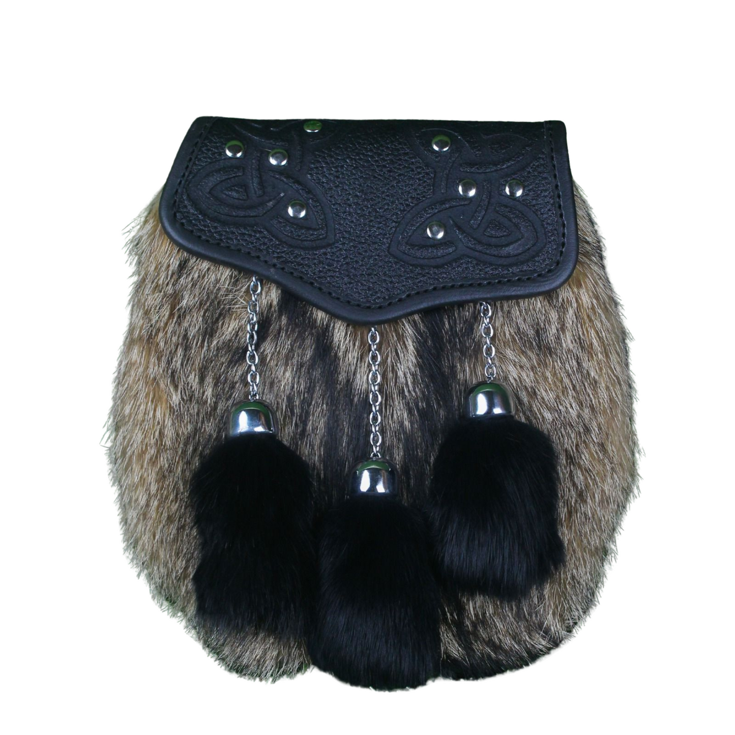 Premium Celtic Fur Sporran with Leather Cantle & Black Tassels – Traditional Highland Kilt Accessory