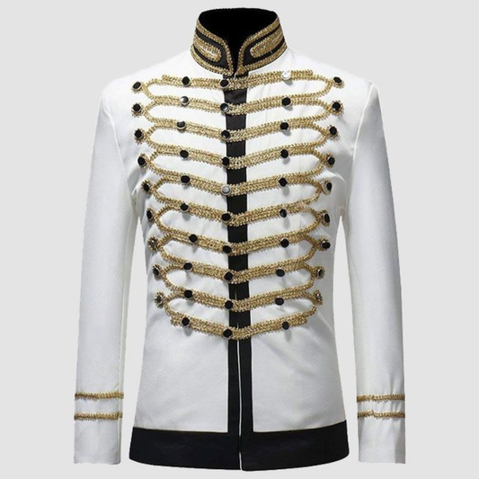 Men’s Notched Lapel Cotton Dinner Coat |White Vintage Wedding Suit Jacket | Gold Braided Formal Party Jacket