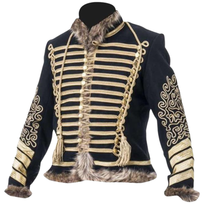 Men's Napoleonic Hussar Military Jacket – Heavy Wool Black Gold-Braided Uniform Coat with Brass Buttons