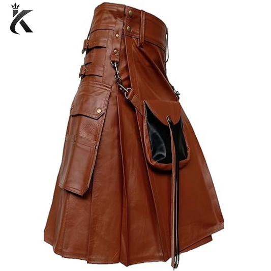 Leather Real Cowhide Kilt with Sporran Scottish Traditional Highland Kilt for Men  - Made to order