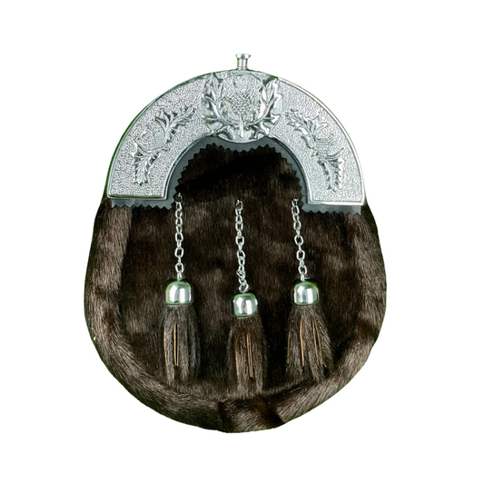 Dark Fur Scottish Dress Sporran with Silver Cantle & 3 Tassels – Kilt Accessory