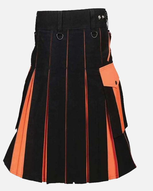 Premium Scottish Orange And Black Utility Hybrid Kilt -  A Colorful Celebration of Scottish Heritage