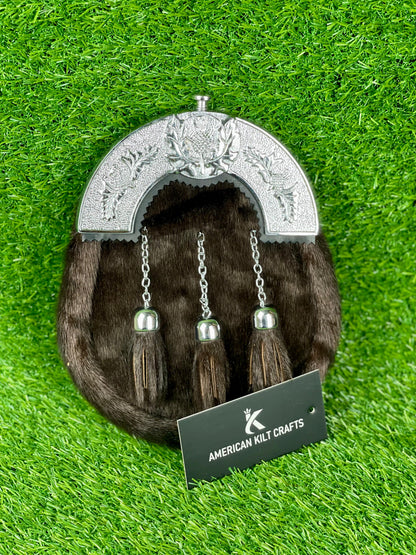 Dark Fur Scottish Dress Sporran with Silver Cantle & 3 Tassels – Kilt Accessory
