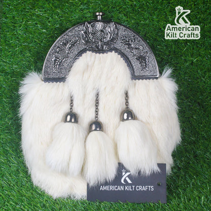White Fur Sporran with Chrome Cantle – Scottish Highland Dress Accessory for Kilts