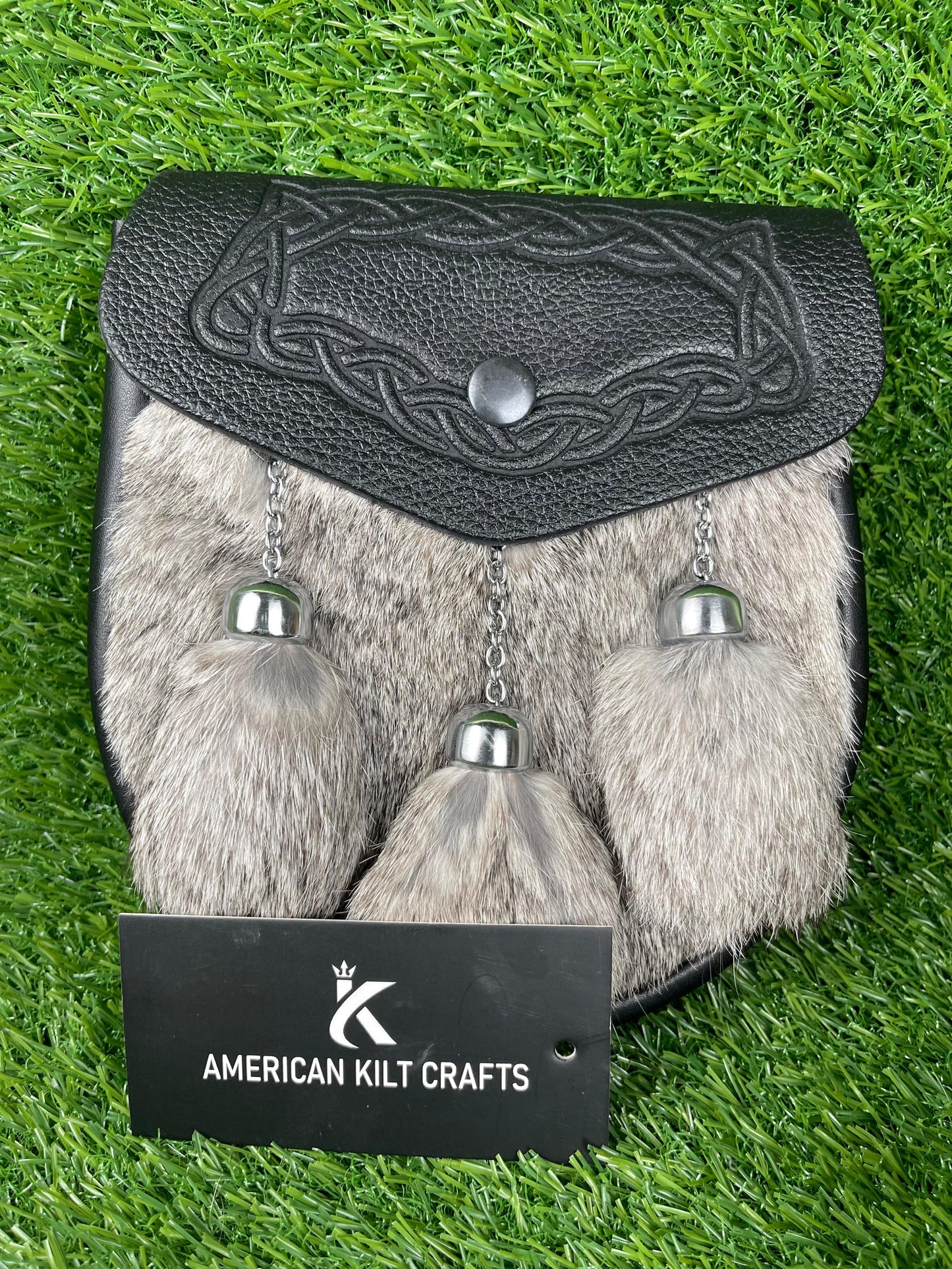 Premium Black Leather & Grey Fur Kilt Sporran with Celtic Design and Chain Tassels – Traditional Scottish Highland Dress Accessory