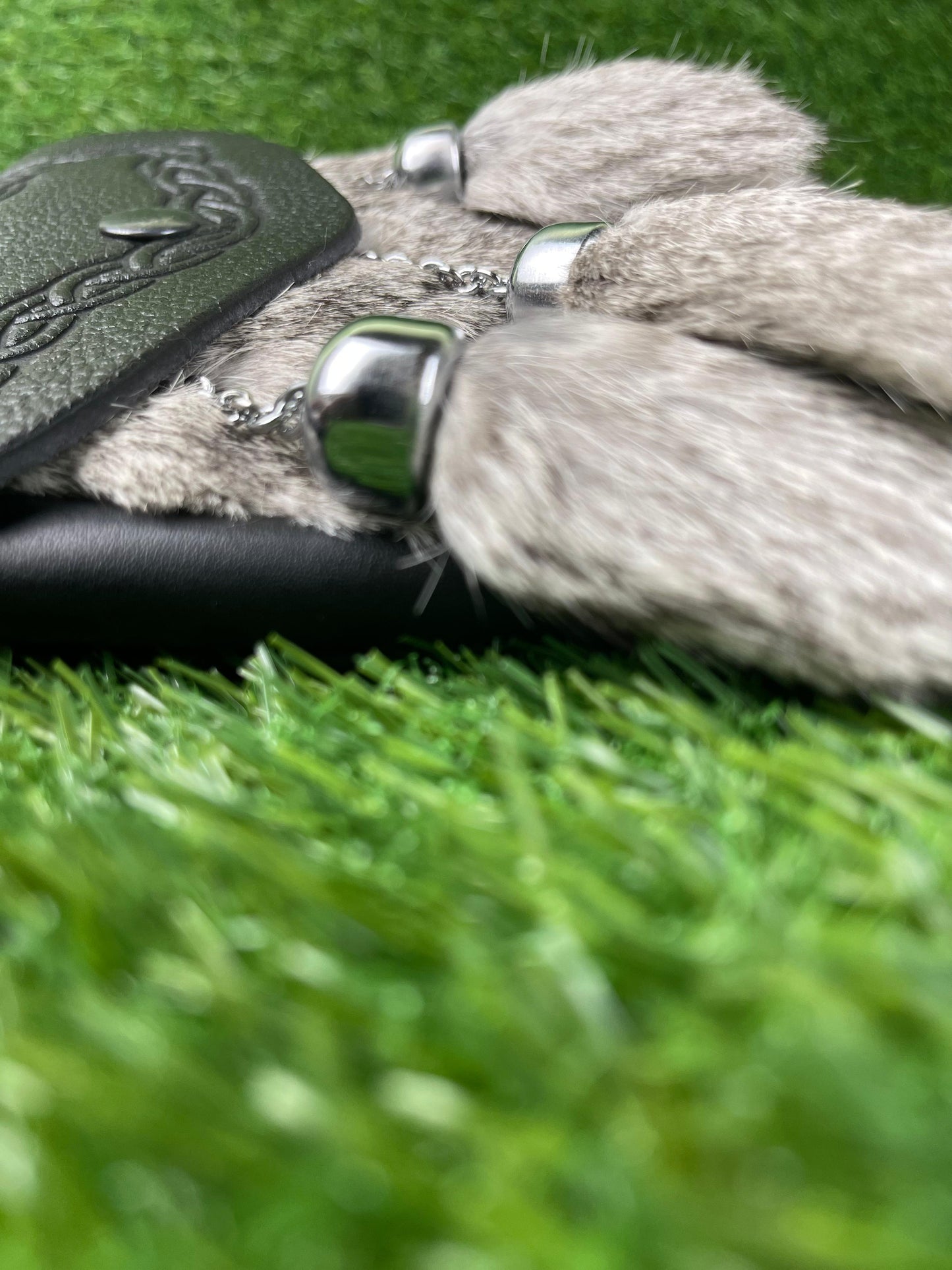 Premium Black Leather & Grey Fur Kilt Sporran with Celtic Design and Chain Tassels – Traditional Scottish Highland Dress Accessory
