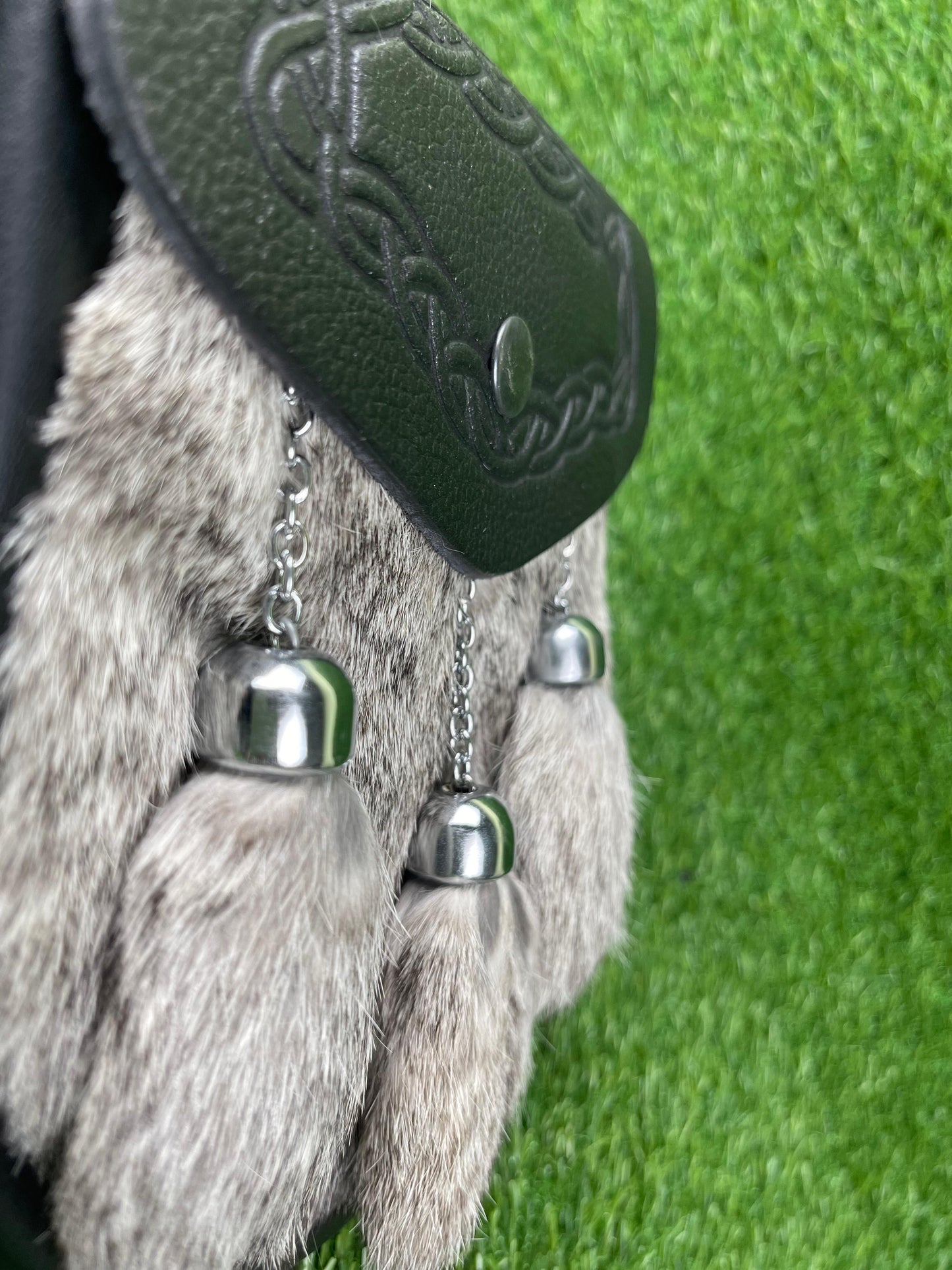 Premium Black Leather & Grey Fur Kilt Sporran with Celtic Design and Chain Tassels – Traditional Scottish Highland Dress Accessory