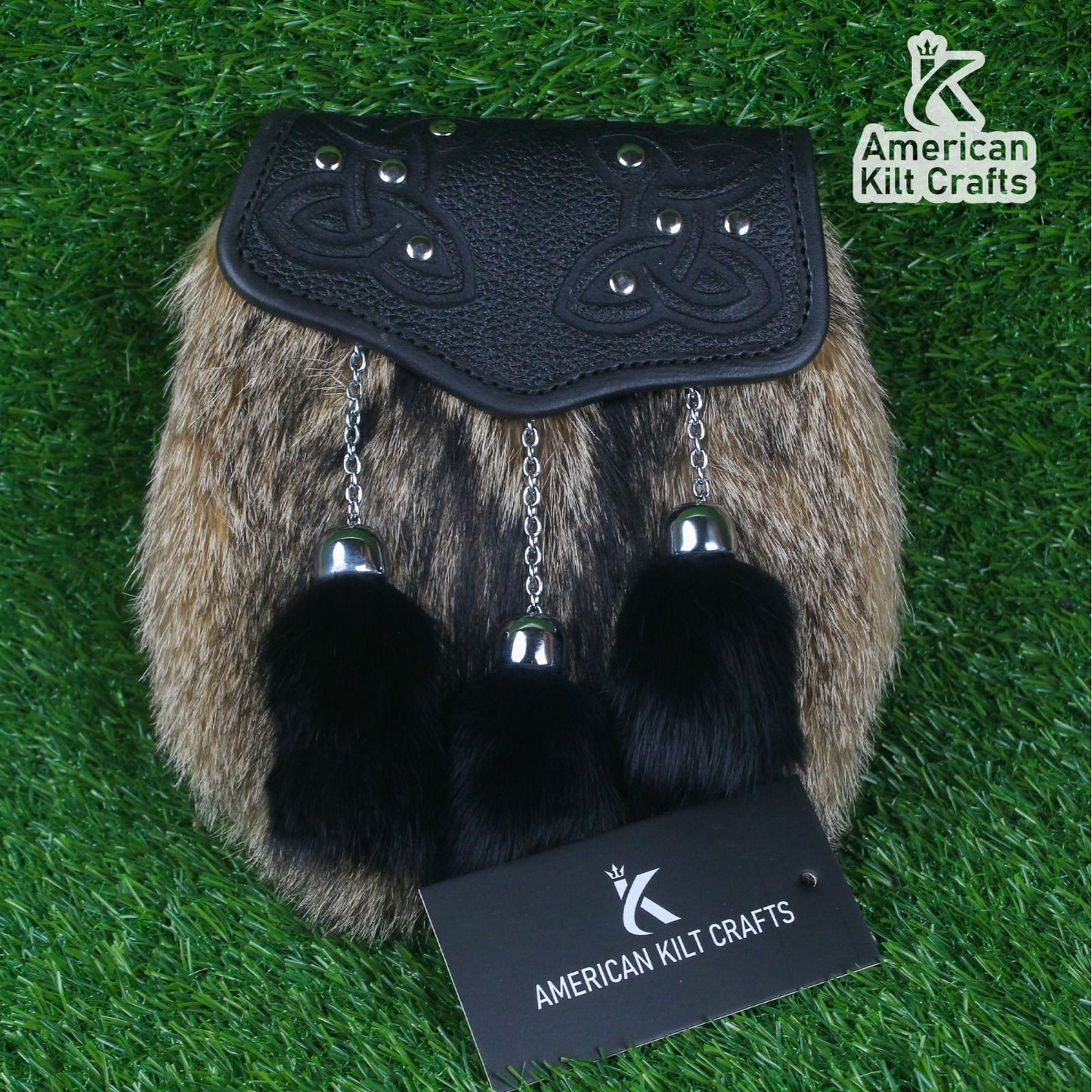 Premium Celtic Fur Sporran with Leather Cantle & Black Tassels – Traditional Highland Kilt Accessory