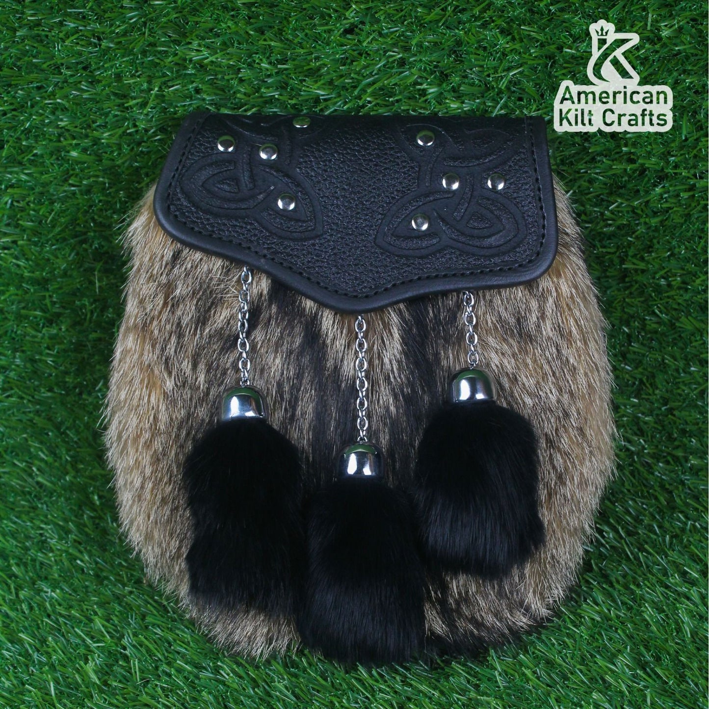Premium Celtic Fur Sporran with Leather Cantle & Black Tassels – Traditional Highland Kilt Accessory