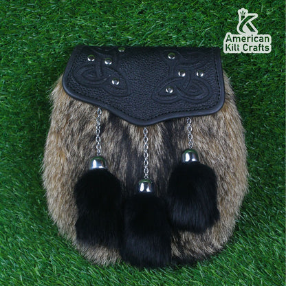 Premium Celtic Fur Sporran with Leather Cantle & Black Tassels – Traditional Highland Kilt Accessory