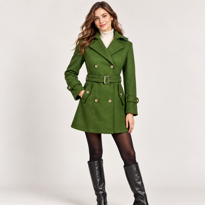 Women's Hooded Olive Green Wool Pea Coat – Double Breasted Winter Trench coat