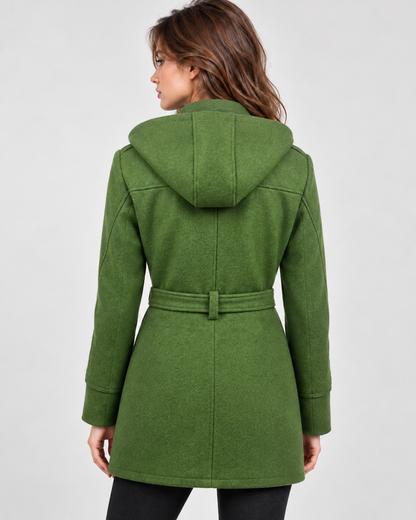 Women's Hooded Olive Green Wool Pea Coat – Double Breasted Winter Trench coat