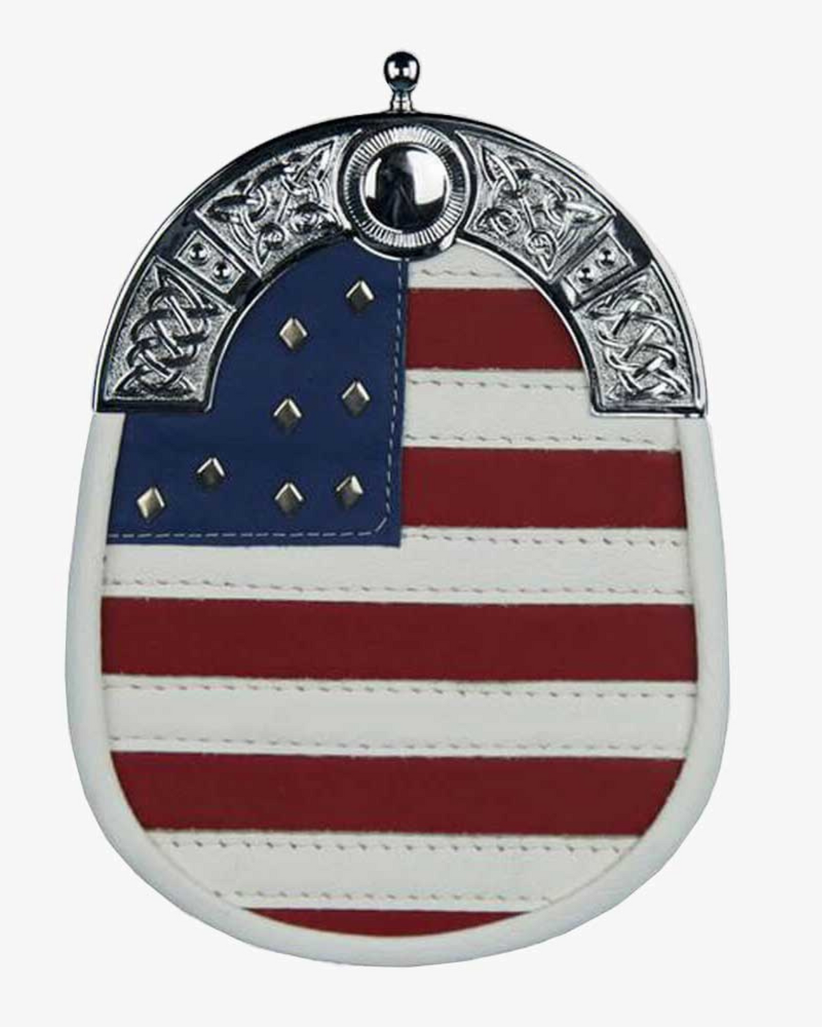 American flag leather sporran for men, Scottish kilt sporran with patriotic USA design for Highland dress, weddings, parades, and traditional kilt outfits.