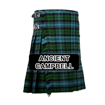 Handmade Ancient Campbell tartan kilt with traditional Scottish plaid pattern and classic pleated design.