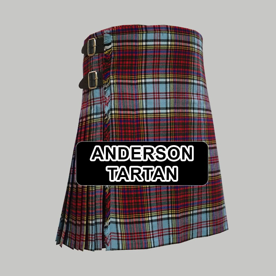 Handmade Anderson tartan kilt with traditional Scottish plaid pattern and classic pleated design.