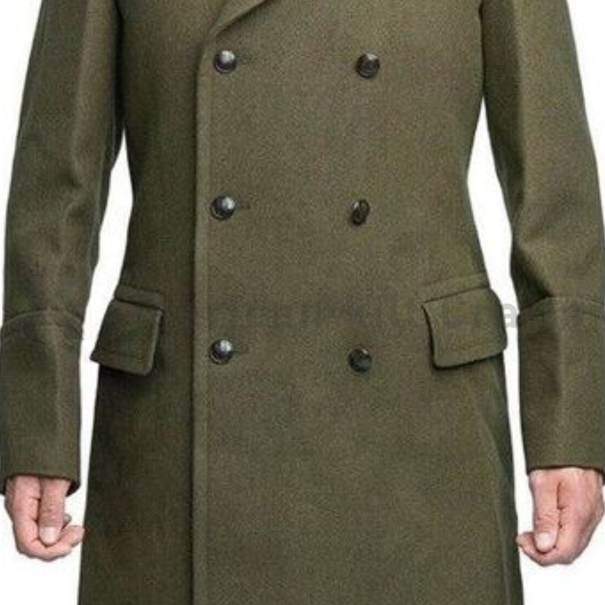 Close-up of army green wool military overcoat showing fabric texture buttons and military detailing.