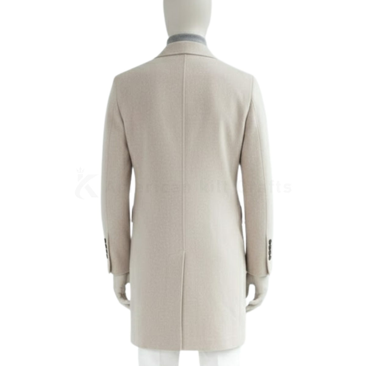 Back view of men’s slim fit long winter overcoat, tailored double-breasted coat with classic formal style.