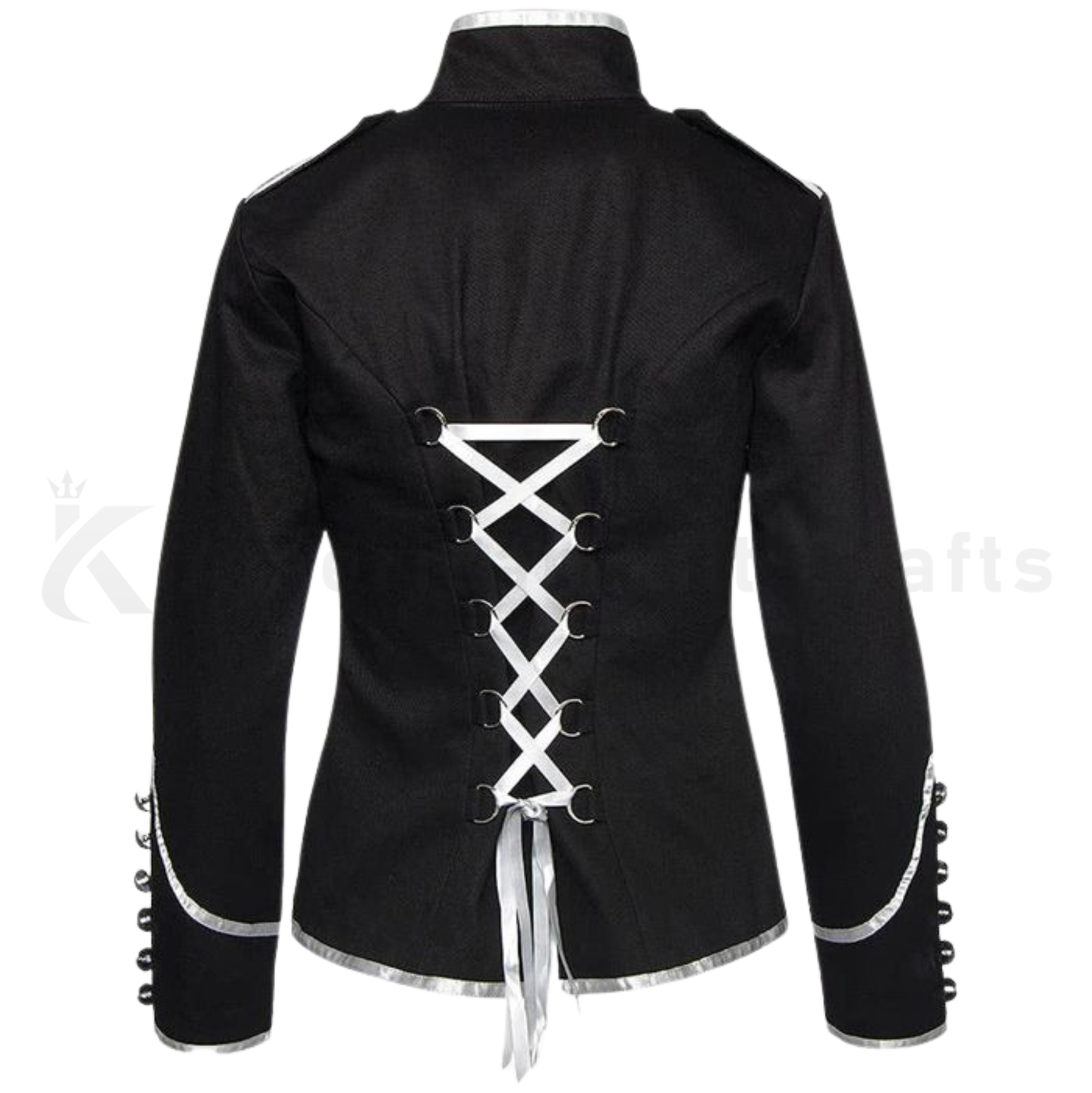 Back view of black military drummer parade jacket showing clean tailored fit, structured shoulders, long sleeves, and formal band uniform style.