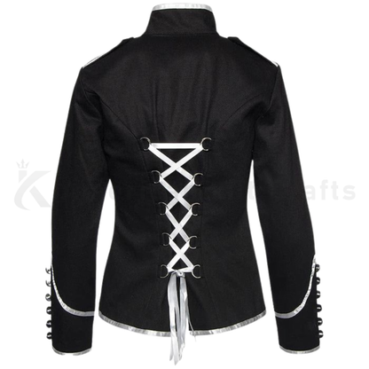 Back view of black military drummer parade jacket showing clean tailored fit, structured shoulders, long sleeves, and formal band uniform style.
