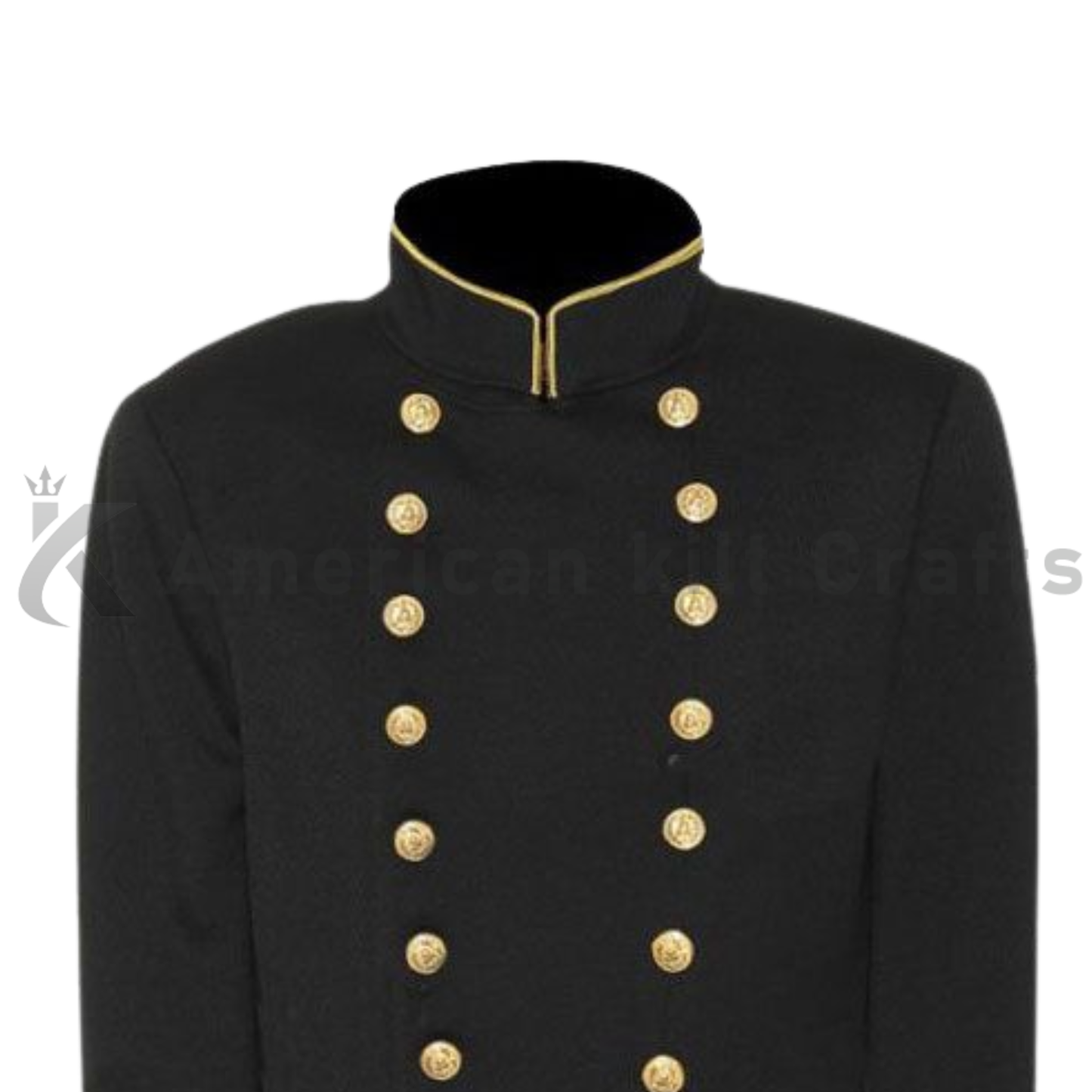 Close Up of a black Commander wool jacket with golden accents, brass rank styling, and decorative buttons.