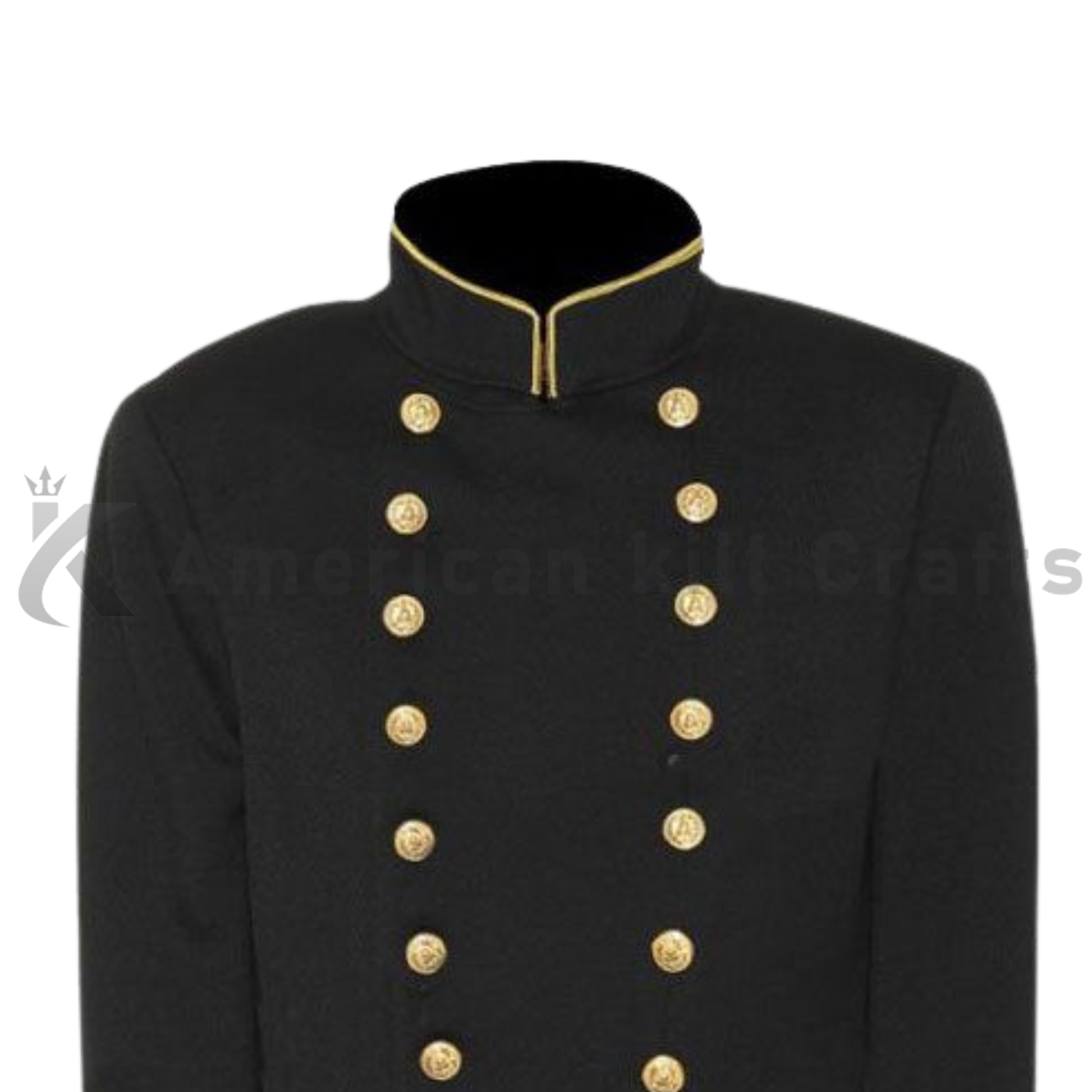 Close Up of a black Commander wool jacket with golden accents, brass rank styling, and decorative buttons.