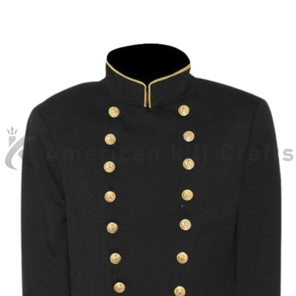 Close Up of a black Commander wool jacket with golden accents, brass rank styling, and decorative buttons.