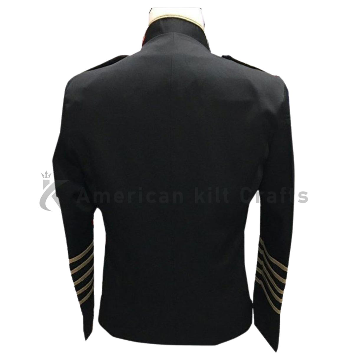 Back view of a men’s black Hussar military jacket featuring structured shoulders, slim-fit tailoring, and a classic uniform design.