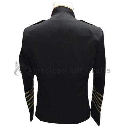 Back view of a men’s black Hussar military jacket featuring structured shoulders, slim-fit tailoring, and a classic uniform design.