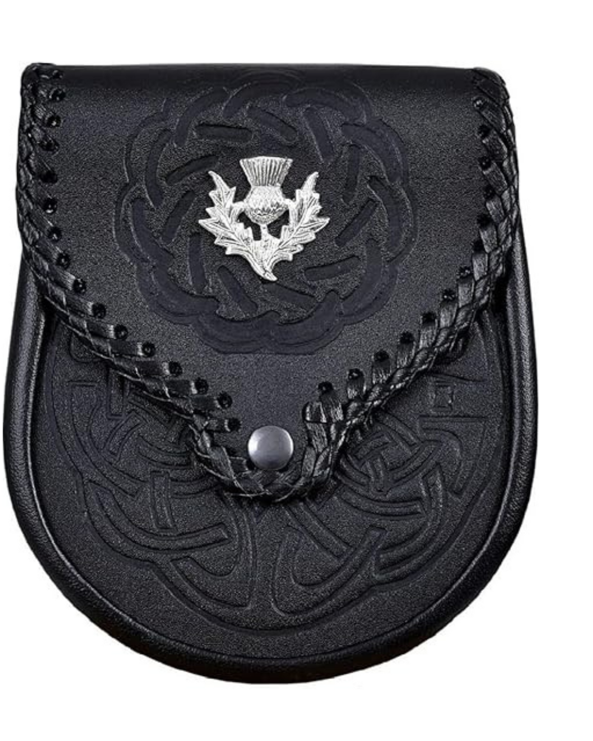 Black leather double embossed Scottish kilt sporran for men, traditional Highland dress accessory with detailed leather pattern for kilts, weddings, festivals, and formal Scottish wear.