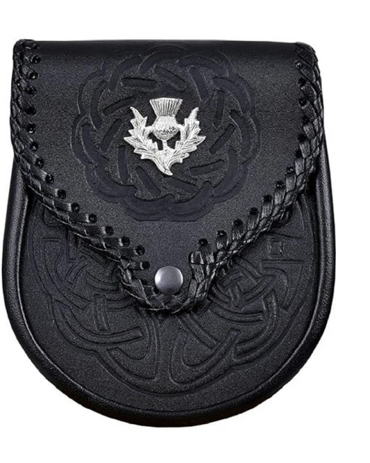 Black leather double embossed Scottish kilt sporran for men, traditional Highland dress accessory with detailed leather pattern for kilts, weddings, festivals, and formal Scottish wear.