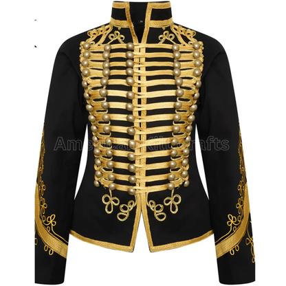 Black military drummer jacket with marching band style, decorative details, and structured design for events, performances, and cosplay.