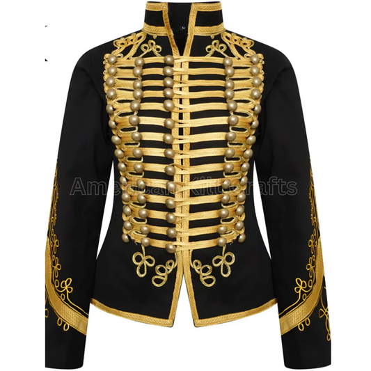Black military drummer jacket with marching band style, decorative details, and structured design for events, performances, and cosplay.