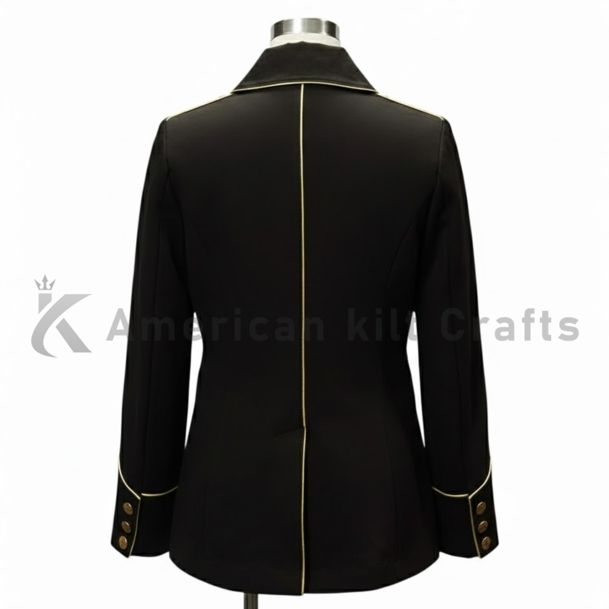 Back view of a men’s black military jacket featuring a structured cut, formal fit, and classic Bonaparte-style design.
