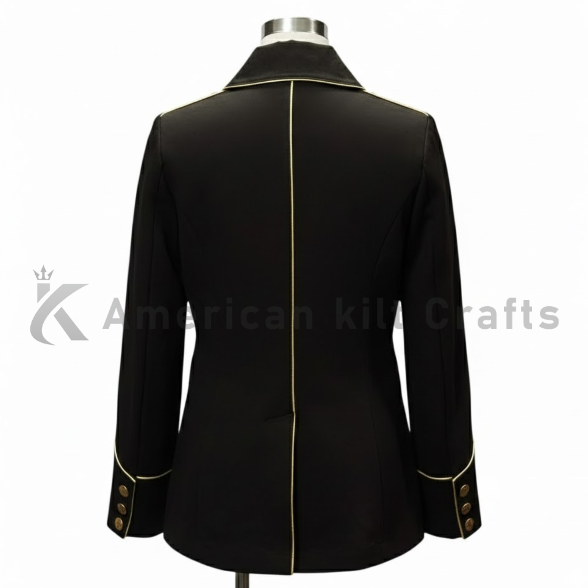 Back view of a men’s black military jacket featuring a structured cut, formal fit, and classic Bonaparte-style design.