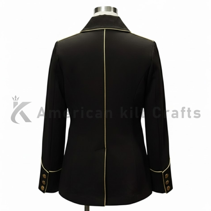 Back view of a men’s black military jacket featuring a structured cut, formal fit, and classic Bonaparte-style design.